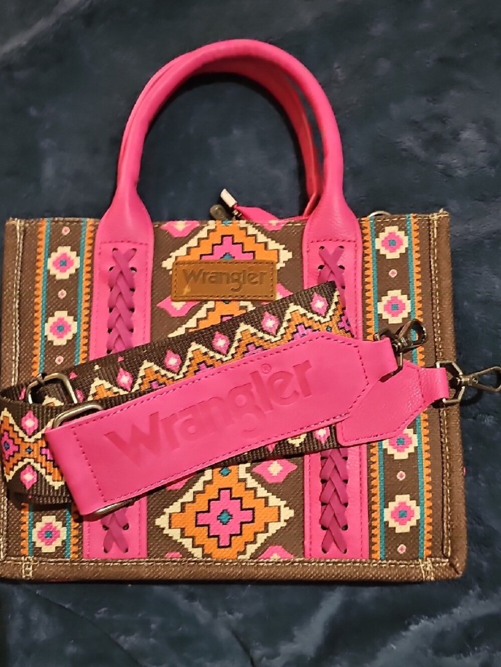 Wrangler Brown Tote with Pink Accents and Geometric Embroidery - Picture 3 of 8